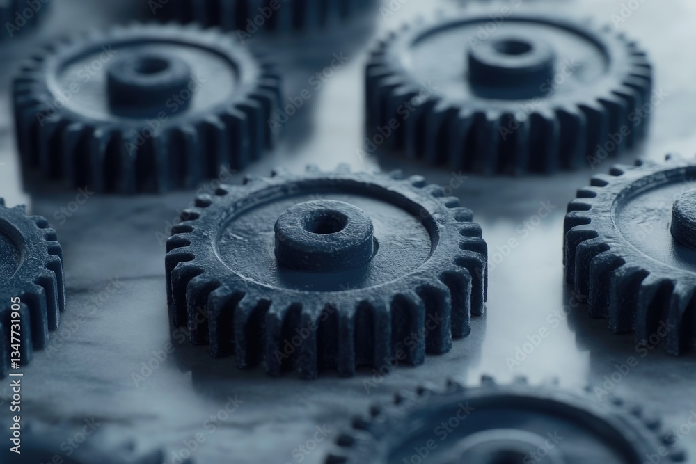 Close-up of dark blue metallic gears, intricately detailed, showcasing precision engineering. Close-up of dark blue metallic gears, intricately detailed, showcasing precision engineering.