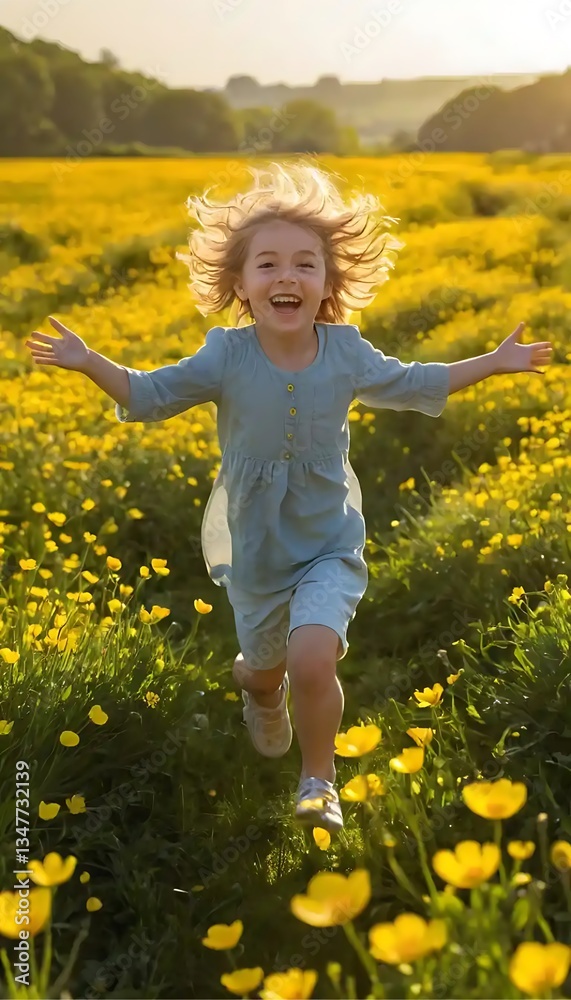 Fototapeta premium Girl Running Through Meadow with Yellow Flowers on Sunny Day