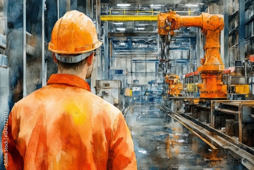 Worker observes robotic arms in large manufacturing plant setting