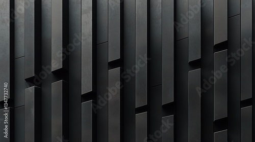 Fototapeta Naklejka Na Ścianę i Meble -  Vertical Dark Wood Panels: Abstract 3D Textured Background with Shadow Play - Modern Architectural Design with Depth and Industrial Feel

