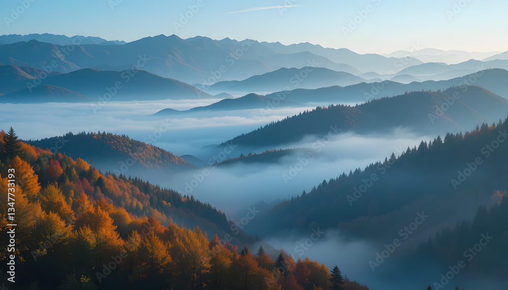 Fototapeta premium Majestic Fall Landscape with Misty Mountains – Perfect for Autumn, Nature, and Seasonal Campaigns - This image is ideal for use in nature photography, travel promotions, or any content product.