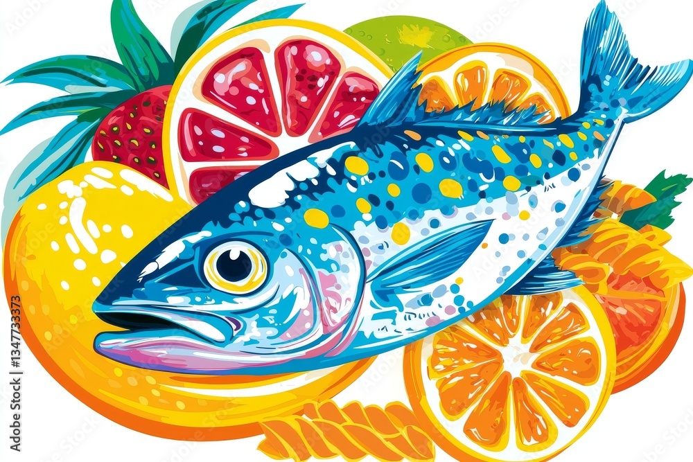 Obraz premium Fish, vegetables, and fruits are arranged in a paper bag on a white background to illustrate the idea of purchasing healthy food from a supermarket