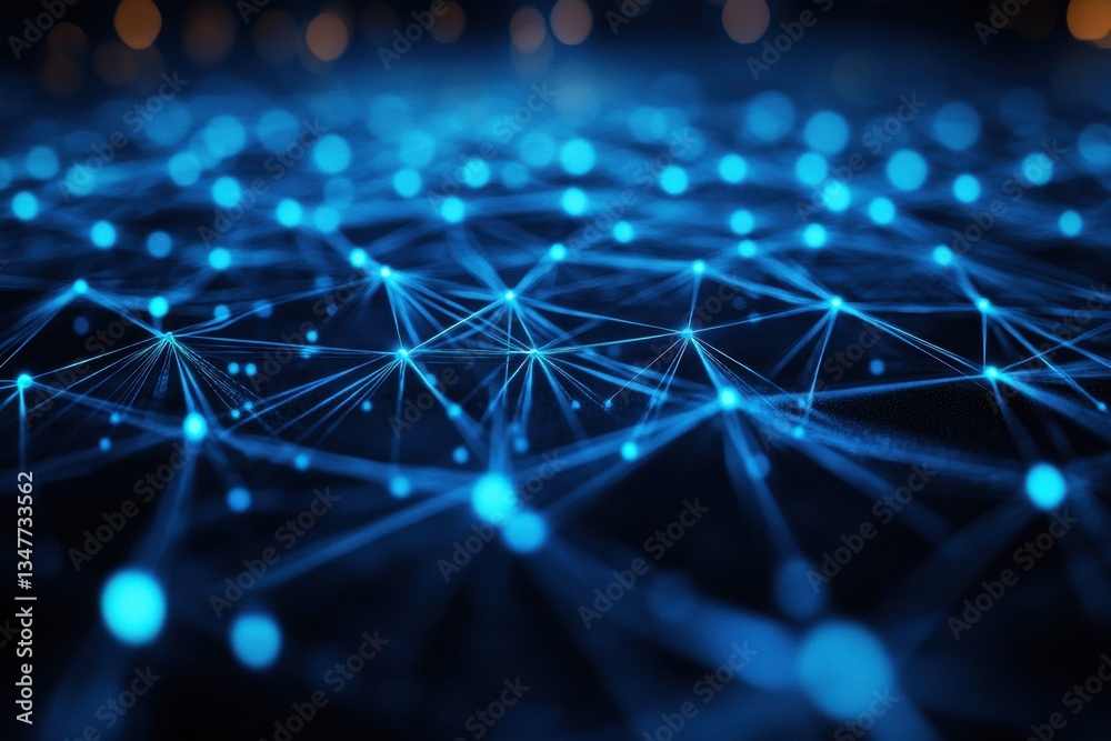 Blue glowing network with connected dots on a dark background. Ideal for technology, science, and futuristic presentations. Blue glowing network with connected dots on a dark background. Ideal for technology, science, and futuristic presentations.