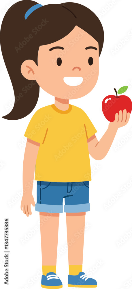 Fototapeta premium Cheerful young girl with long brown hair wearing a yellow shirt and blue shorts holding a red apple in a minimal vector illustration