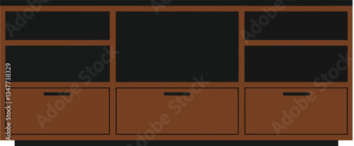 Obraz na płótnie Modern wooden TV stand with sleek design featuring open shelves and drawers in flat vector art style w salonie