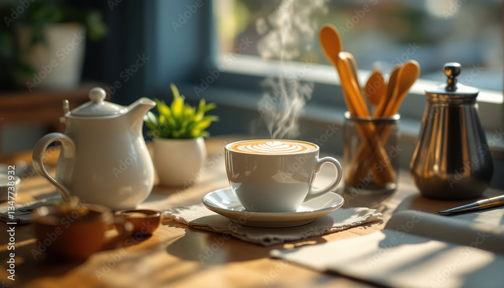 A steaming cup of coffee with latte art is relaxing A steaming cup of coffee with latte art is relaxing