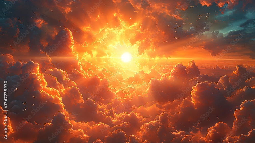 Majestic golden sunset above fluffy clouds high resolution photo