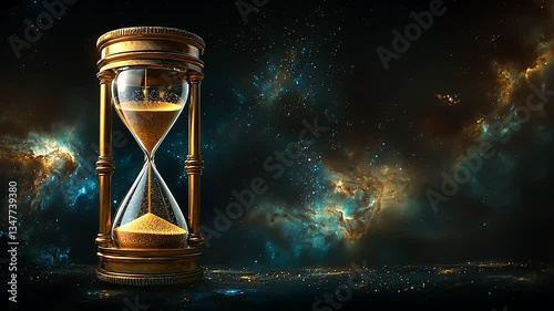 A classic hourglass against a starry cosmic backdrop symbolizes the passage of time and space.