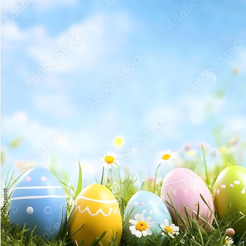Easter illustration background with eggs in grass and flowers. Blue sky background. background of blue sky with clouds