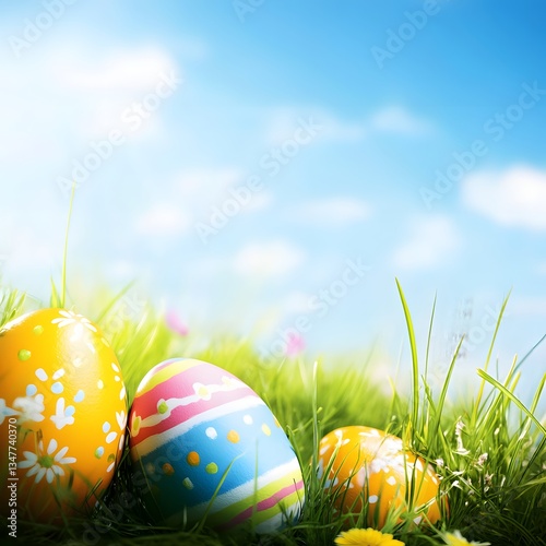 Easter illustration background with eggs in grass and flowers. Blue sky background. background of blue sky with clouds