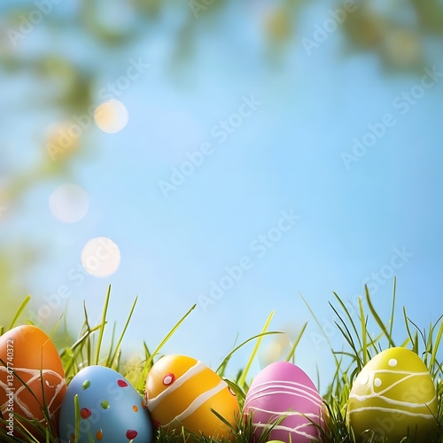Easter illustration background with eggs in grass and flowers. Blue sky background. background of blue sky with clouds