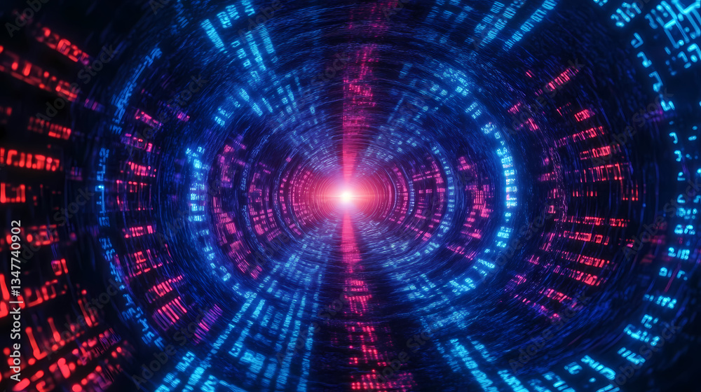 Fototapeta premium Abstract Blue and Red Rotating Digital Tunnel