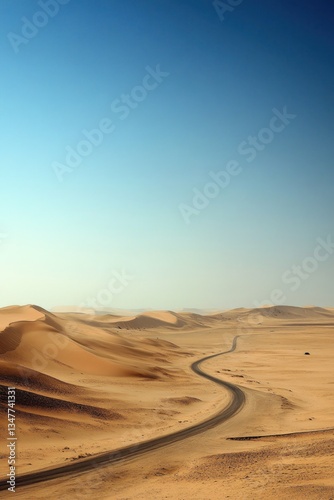 Desert Road Curves Through Sand Dunes Under Clear Sky