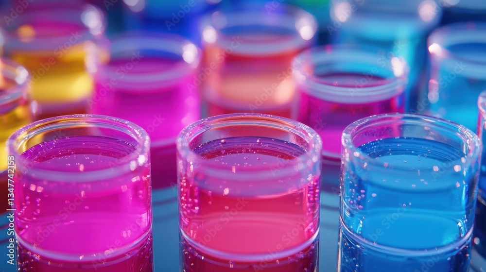 Colorful liquids fill many vials in a research lab environment. Use to visualize science, experimentation, or chemical testing. Colorful liquids fill many vials in a research lab environment. Use to visualize science, experimentation, or chemical testing.
