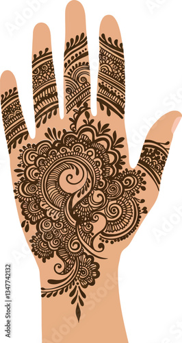 Intricate henna design adorning a hand in a flat, minimalist style showcasing cultural artistry and elegance in vector illustration