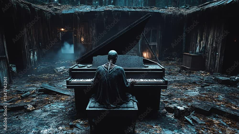 A skeletal figure seated at an old, decrepit grand piano in the center of an abandoned barn deep in the Appalachian mountains