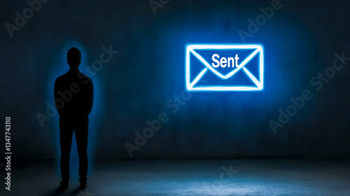 Businessman looking at glowing sent email notification in dark room