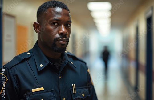 Obraz na płótnie African American security guard in uniform patrols school hallway. Professional, attentive gaze conveys sense of safety, vigilance. Protection, service, responsibility, authority, supervision. w salonie