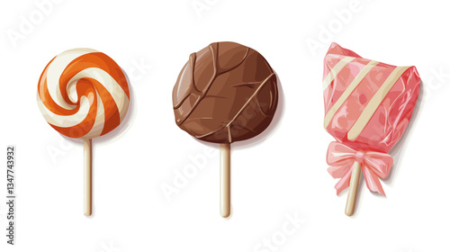 Colorful candy illustration featuring a swirl lollipop, chocolate pop, and pink wrapped treat in a playful modern style