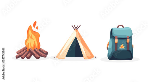 Illustration of camping essentials including a campfire, tent, and backpack in a modern style for outdoor enthusiasts