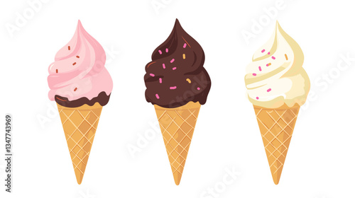 Colorful ice cream cones display delightful flavors in a modern illustration emphasizing sweet treats and summer enjoyment