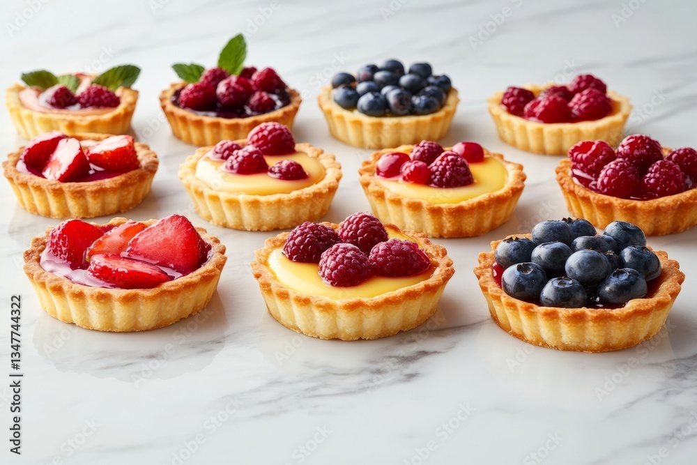 A variety of fruit tarts with flaky crusts, creamy custard filling, and vibrant fresh berries, arranged on a marble surface, high-end patisserie display