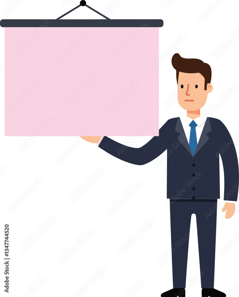 Businessman in a suit presenting a pink poster on a wall in a minimal flat vector illustration Businessman in a suit presenting a pink poster on a wall in a minimal flat vector illustration