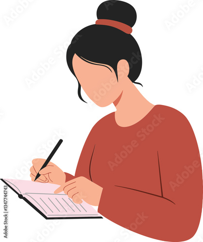 A young woman with a bun hairstyle writing in a notebook while focused and engaged in her task, in a minimalistic flat vector illustration