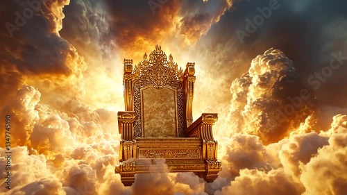 A majestic golden throne shrouded in ethereal clouds bathed in warm light conveying a sense of power and divine presence in the heavens