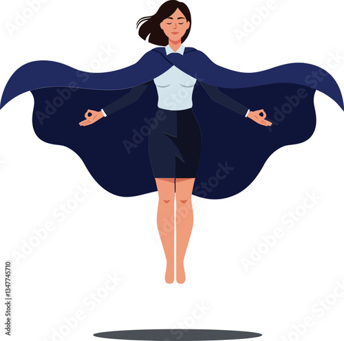 A confident businesswoman levitating in a superhero cape, showcasing strength and empowerment in a minimal vector illustration