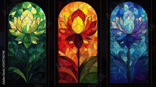 Triptych of Colorful Lotus Flowers in Stained Glass Style