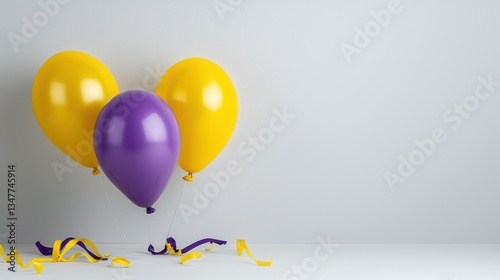 A Bright yellow and purple balloons float against neutral background, creating festive atmosphere. Colorful ribbons lie scattered on surface, enhancing celebratory mood