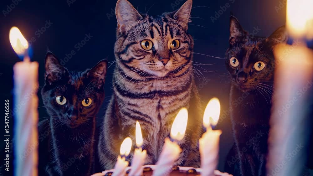 Un grupo de gatos rodea una tarta con velas encendidas en la oscuridad, mientras el gato del centro, con expresión seria, parece ser el protagonista de la celebración.  
