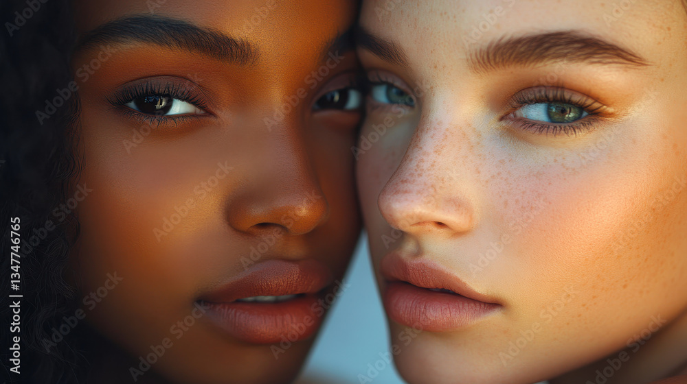 An intimate close-up of two women, one with rich, deep brown skin and the other with light olive-toned skin An intimate close-up of two women, one with rich, deep brown skin and the other with light olive-toned skin
