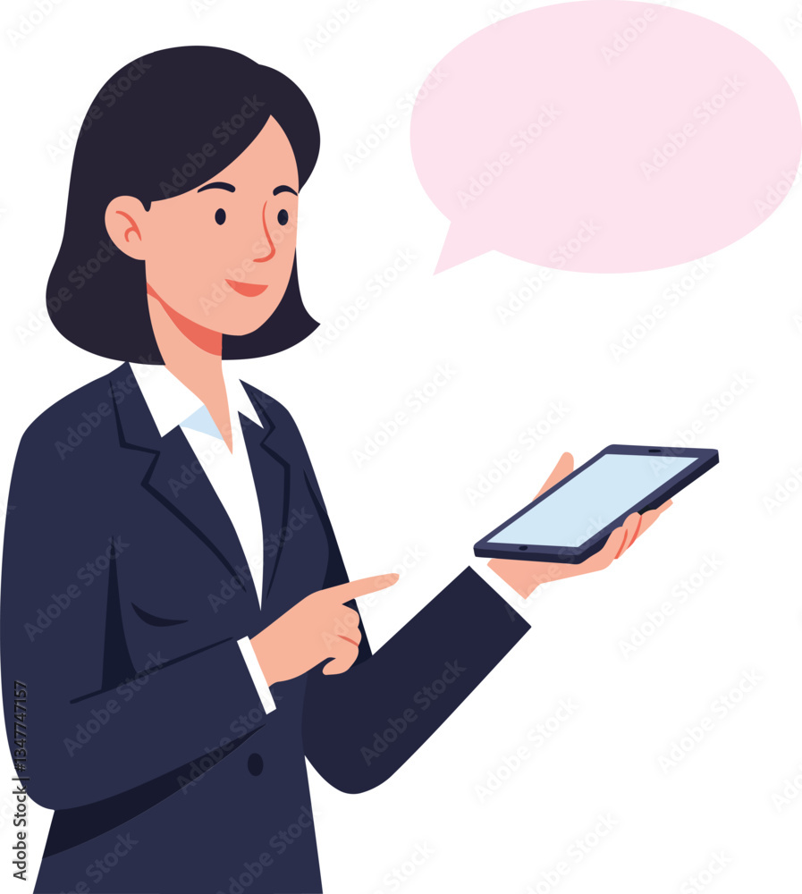 Professional woman in a dark suit engaging with a smartphone, flat design vector illustration conveying communication and modern technology interaction Professional woman in a dark suit engaging with a smartphone, flat design vector illustration conveying communication and modern technology interaction