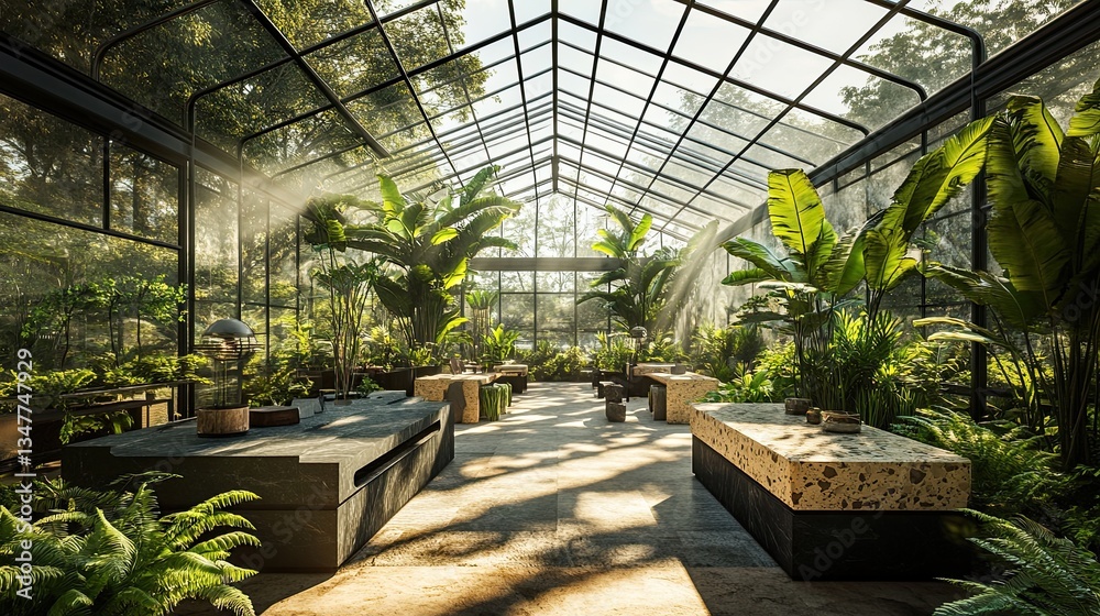 A workspace-shaped greenhouse filled with towering A workspace-shaped greenhouse filled with towering
