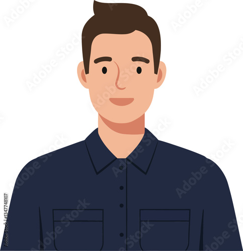 Friendly young man with short hair wearing a navy shirt in a flat vector illustration showcasing a cheerful and approachable demeanor