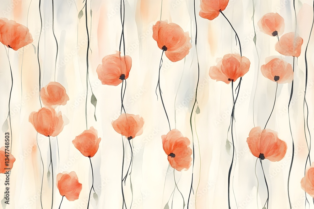 Obraz premium Elegant Watercolor Painting of Flowing Orange Poppies on Cream Background