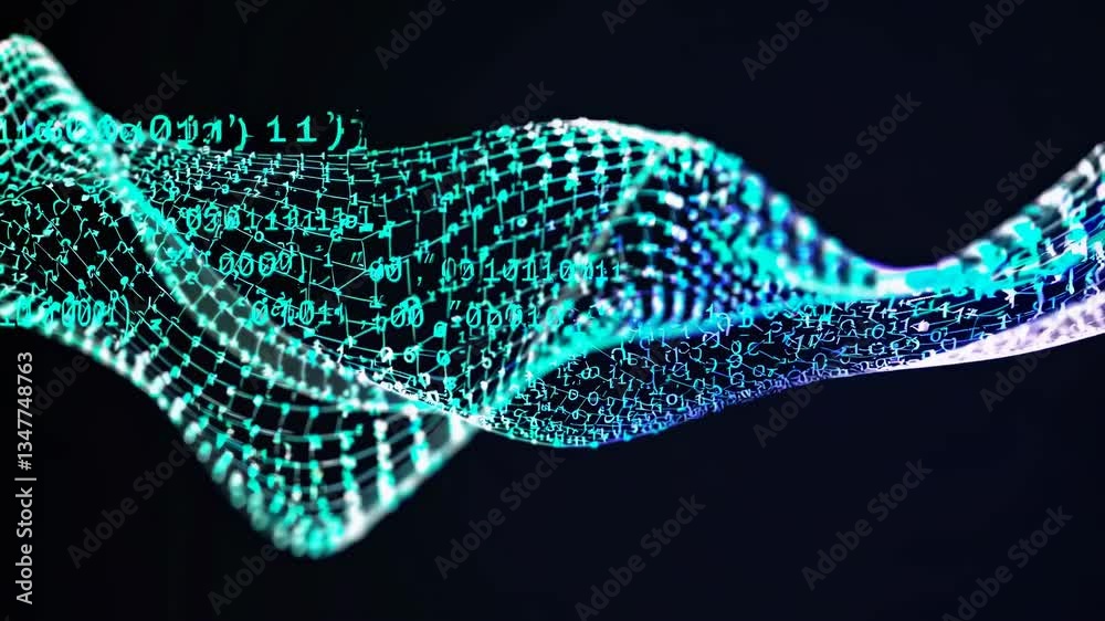 Representación abstracta de una red digital con datos binarios flotando en un entorno futurista, simbolizando tecnología, inteligencia artificial y procesamiento de datos.