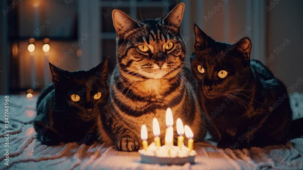 Tres gatos rodean una pequeña tarta con velas encendidas en una atmósfera cálida y misteriosa, mientras el gato del centro parece el homenajeado con una expresión seria y majestuosa.  
