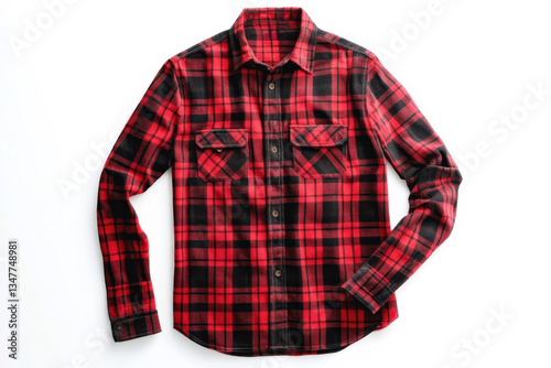 Casual plaid flannel shirt in red and black on white background