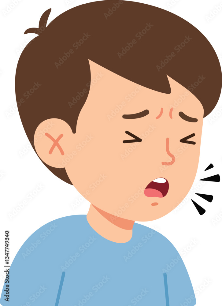 Young boy expressing discomfort with a sad expression, wearing a blue shirt in a minimal flat vector illustration Young boy expressing discomfort with a sad expression, wearing a blue shirt in a minimal flat vector illustration