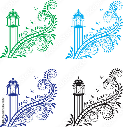 Seamless pattern of birds with city landmarks, architecture, and religious symbols in silhouette, including buildings, towers, churches, castles, and temples in a black and white design