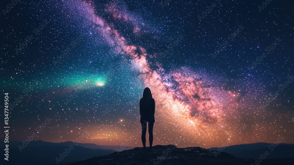 Fototapeta premium Lone woman gazes at the Milky Way from a hilltop at night