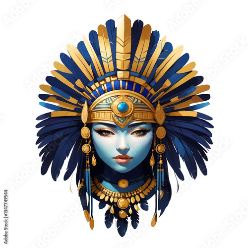Traditional Folklore Art illustration of a Vibrant headdress adorned chief woman representing traditional indigenous culture with intricate feathers and jewelry