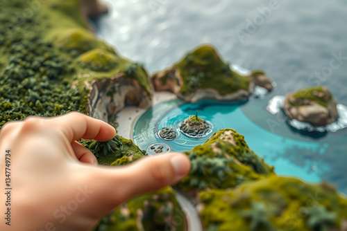 Hand holding water with drops, a globe, and a green plant, symbolizing nature, life, and care in a summer setting with a touch of human connection and environmental awareness photo