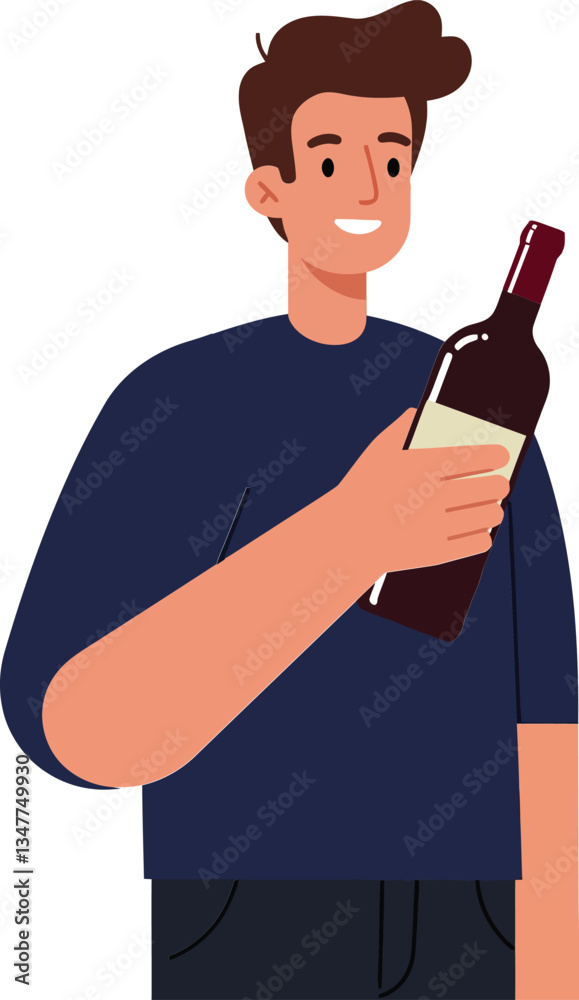 A smiling young man in casual attire holding a bottle of wine in a flat vector illustration showcasing a relaxed and cheerful ambiance A smiling young man in casual attire holding a bottle of wine in a flat vector illustration showcasing a relaxed and cheerful ambiance