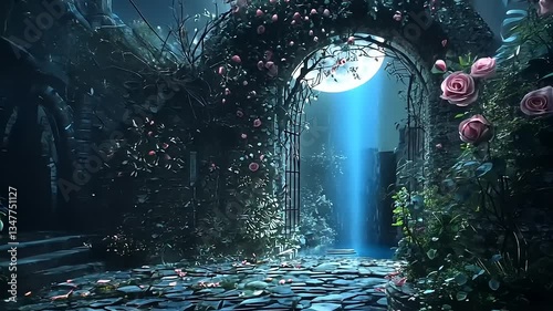 A mystical, moonlit gothic scene featuring roses growing over an old stone home and an arched gateway.