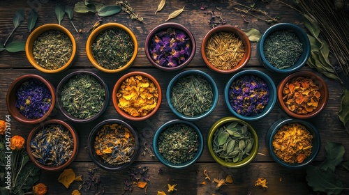 Closeup view of various dried tea leaves ingredients to make tasty tea drinks.
