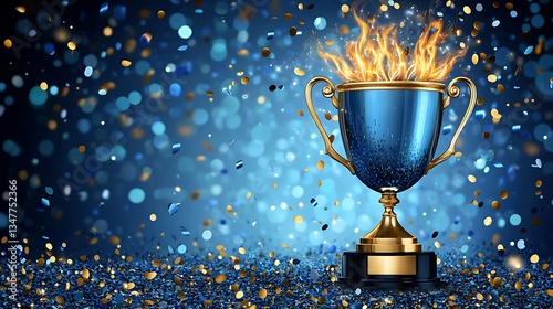 A blue trophy with golden flames and sparkles on a glittering blue and gold background symbolizing victory and celebration